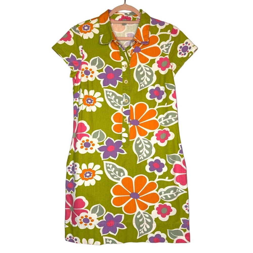 Boden Retro Floral Dress Size 6 100% Cotton Collared Button Short Sleeve Pockets